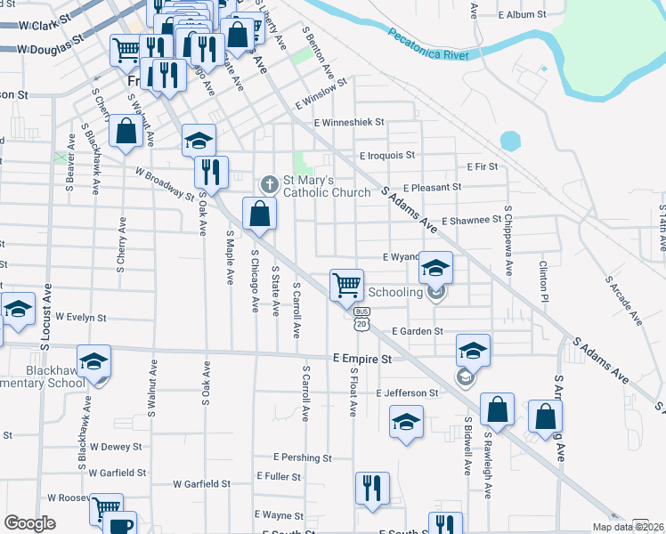 map of restaurants, bars, coffee shops, grocery stores, and more near 329 East Prospect Terrace in Freeport
