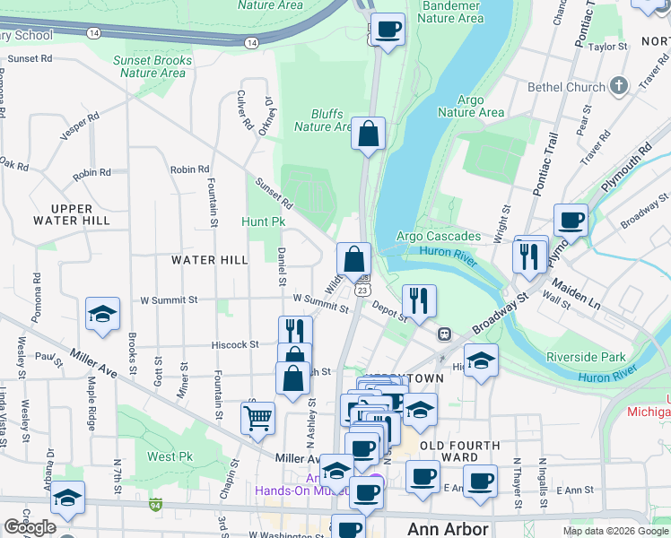 map of restaurants, bars, coffee shops, grocery stores, and more near 124 West Summit Street in Ann Arbor