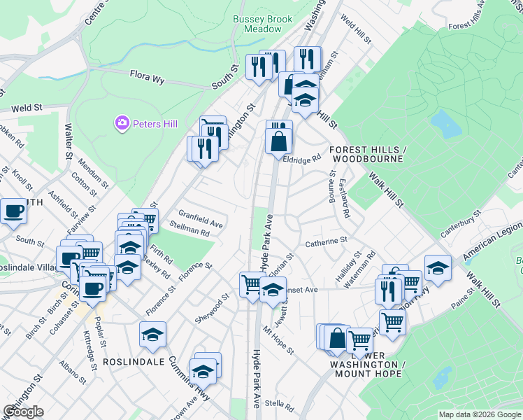map of restaurants, bars, coffee shops, grocery stores, and more near 340 Hyde Park Avenue in Boston