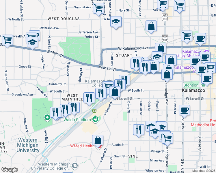 map of restaurants, bars, coffee shops, grocery stores, and more near 1010 Academy Street in Kalamazoo