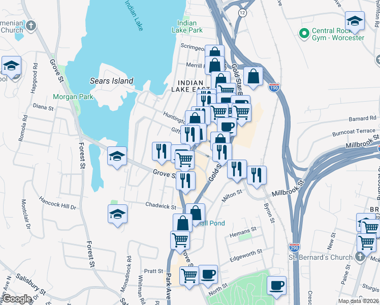 map of restaurants, bars, coffee shops, grocery stores, and more near 44 West Boylston Street in Worcester
