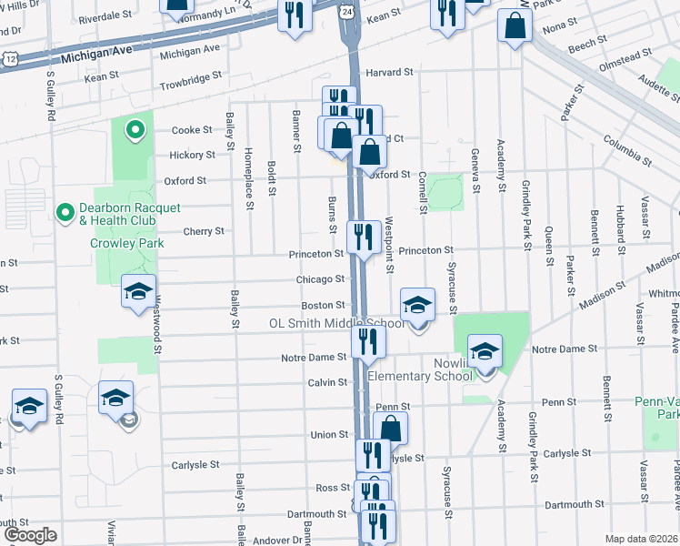 map of restaurants, bars, coffee shops, grocery stores, and more near 24105 Chicago Street in Dearborn