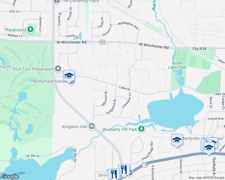 map of restaurants, bars, coffee shops, grocery stores, and more near 701 Sedgwick Drive in Libertyville