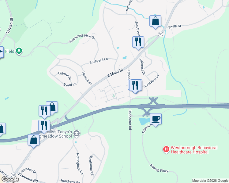 map of restaurants, bars, coffee shops, grocery stores, and more near 2806 Windsor Ridge Drive in Westborough