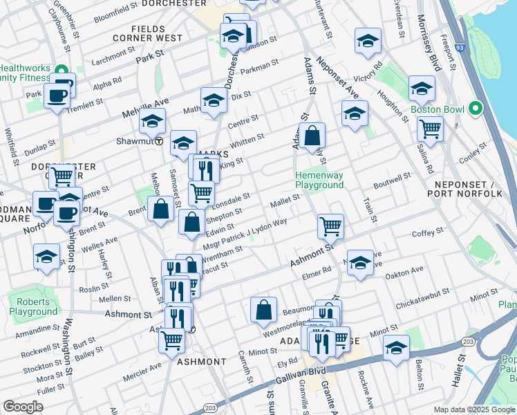 map of restaurants, bars, coffee shops, grocery stores, and more near 75 Edwin Street in Boston
