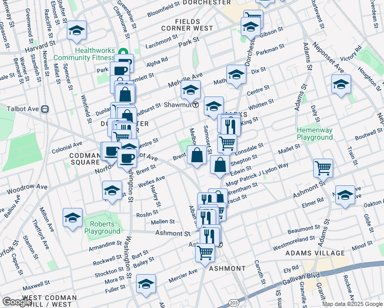 map of restaurants, bars, coffee shops, grocery stores, and more near 112 Welles Avenue in Boston