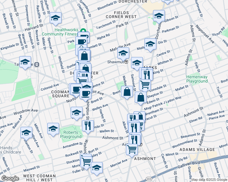 map of restaurants, bars, coffee shops, grocery stores, and more near 51 Wainwright Street in Boston