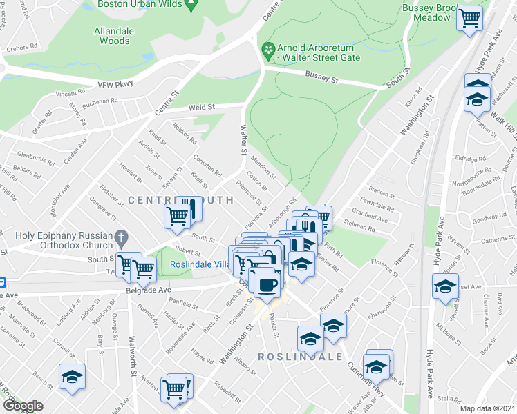 map of restaurants, bars, coffee shops, grocery stores, and more near 26 Fairview Street in Boston