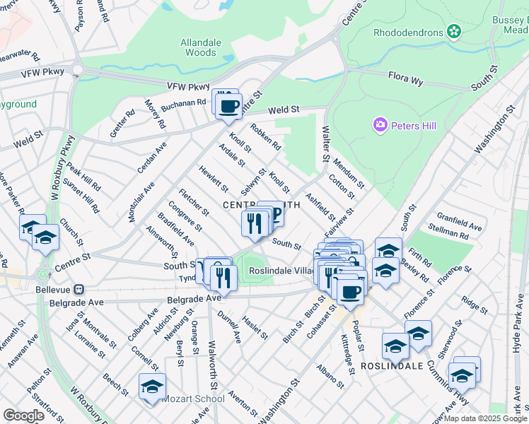 map of restaurants, bars, coffee shops, grocery stores, and more near 17 Hewlett Street in Boston