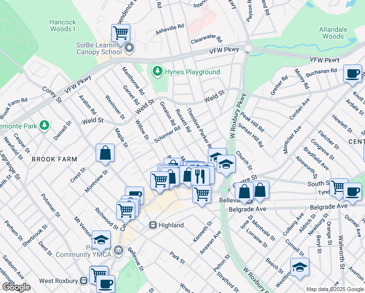 map of restaurants, bars, coffee shops, grocery stores, and more near 71 Manthorne Road in Boston