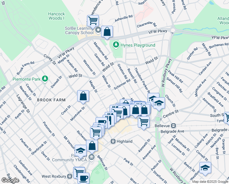 map of restaurants, bars, coffee shops, grocery stores, and more near 3 Emelia Terrace in Boston