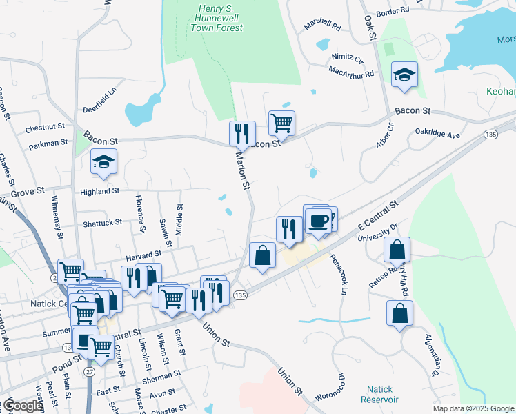map of restaurants, bars, coffee shops, grocery stores, and more near 43 1/2 Marion Street in Natick