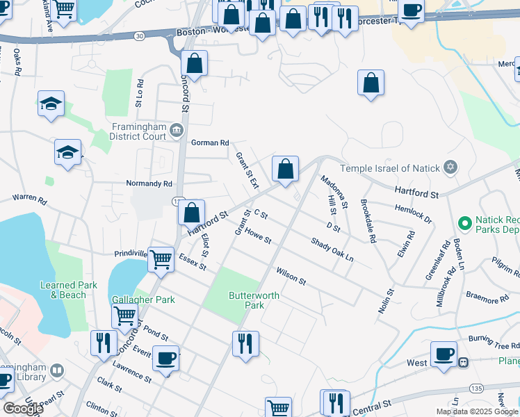 map of restaurants, bars, coffee shops, grocery stores, and more near 35 C Street in Framingham