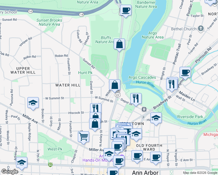 map of restaurants, bars, coffee shops, grocery stores, and more near 124 West Summit Street in Ann Arbor