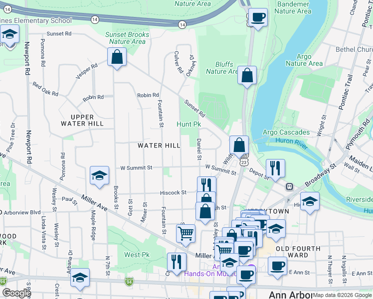 map of restaurants, bars, coffee shops, grocery stores, and more near in Ann Arbor
