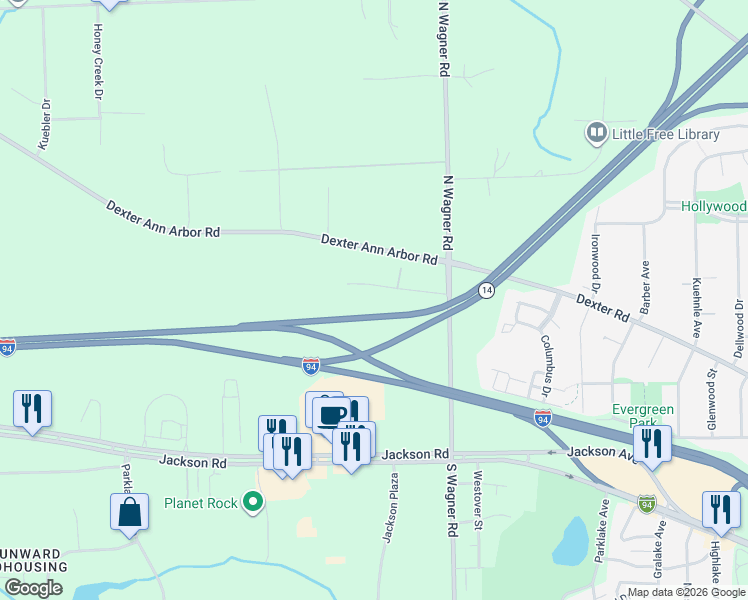 map of restaurants, bars, coffee shops, grocery stores, and more near Michigan 14 in Ann Arbor