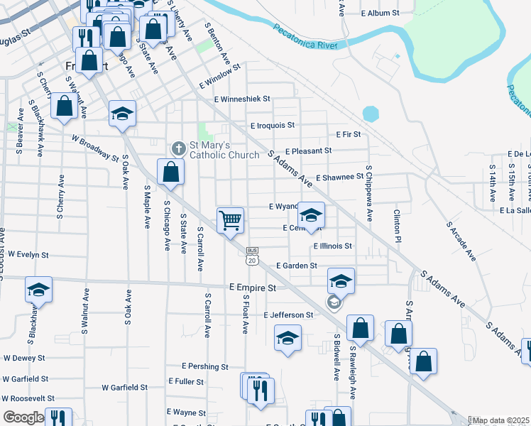 map of restaurants, bars, coffee shops, grocery stores, and more near 538 East Center Street in Freeport