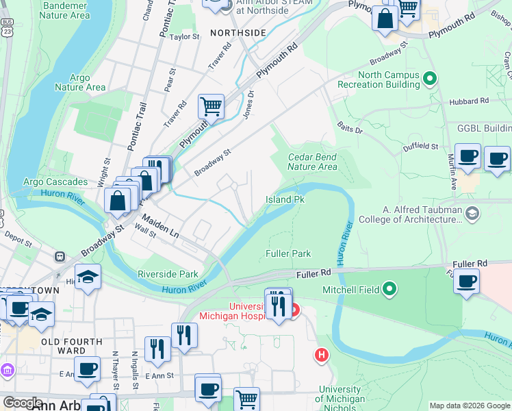 map of restaurants, bars, coffee shops, grocery stores, and more near 1201 Island Drive in Ann Arbor