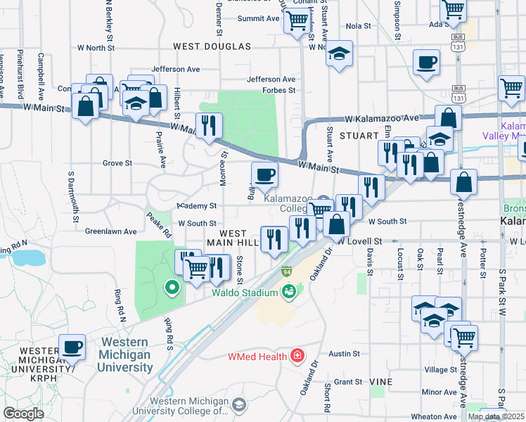 map of restaurants, bars, coffee shops, grocery stores, and more near 1200 Academy Street in Kalamazoo