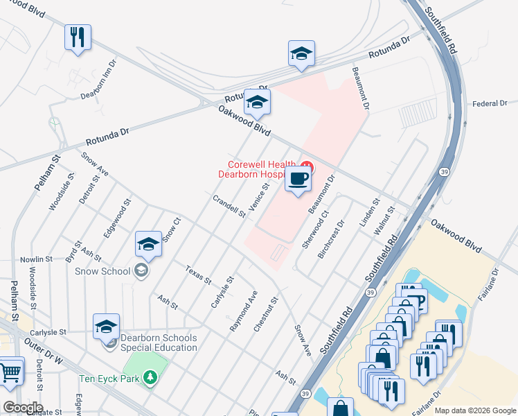 map of restaurants, bars, coffee shops, grocery stores, and more near 1705 Venice Street in Dearborn