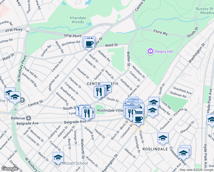 map of restaurants, bars, coffee shops, grocery stores, and more near 17 Hewlett Street in Boston