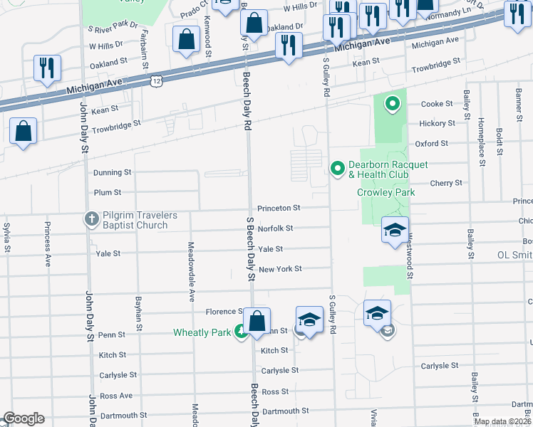 map of restaurants, bars, coffee shops, grocery stores, and more near 25670 Norfolk Street in Dearborn Heights