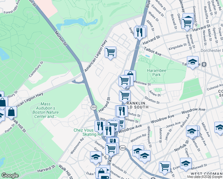 map of restaurants, bars, coffee shops, grocery stores, and more near 416 Harvard Street in Boston