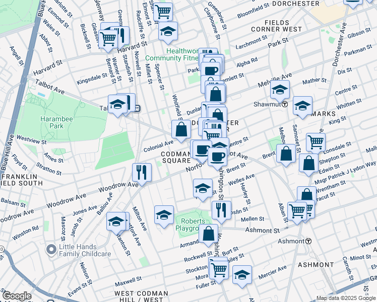 map of restaurants, bars, coffee shops, grocery stores, and more near in Boston