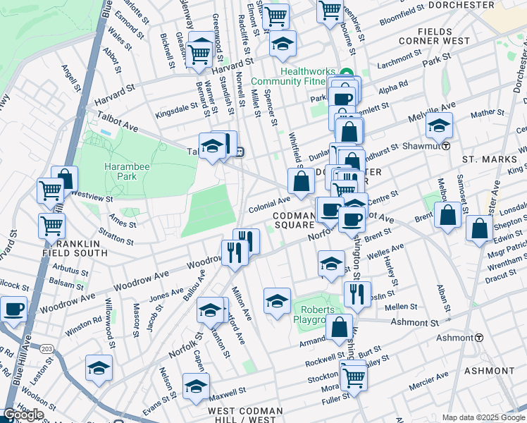 map of restaurants, bars, coffee shops, grocery stores, and more near 124 Southern Avenue in Boston