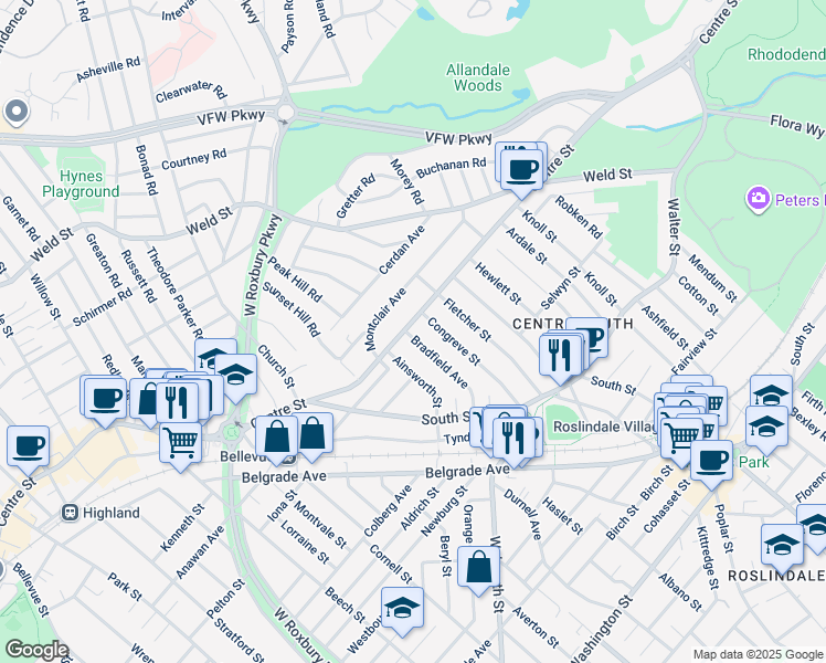 map of restaurants, bars, coffee shops, grocery stores, and more near 66 Bradfield Avenue in Boston