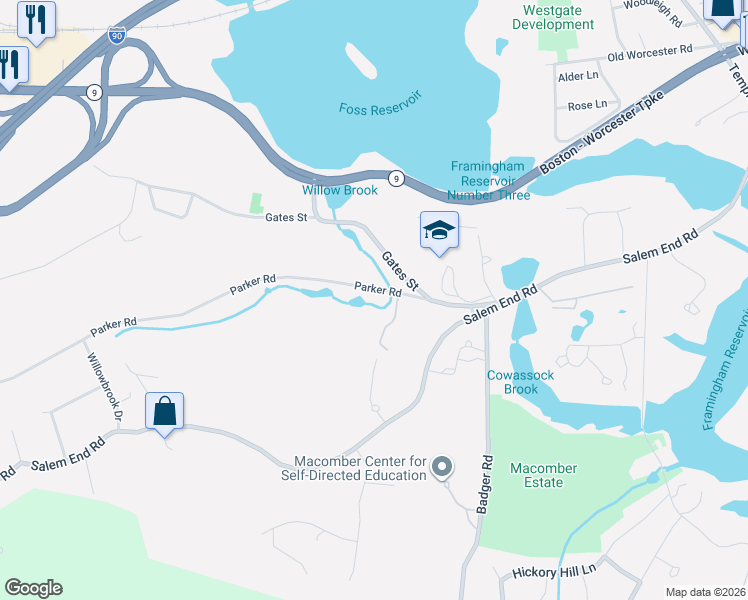 map of restaurants, bars, coffee shops, grocery stores, and more near 30 Parker Road in Framingham