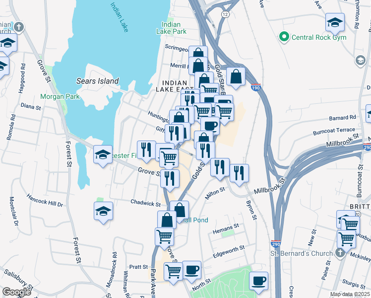 map of restaurants, bars, coffee shops, grocery stores, and more near 44 West Boylston Street in Worcester