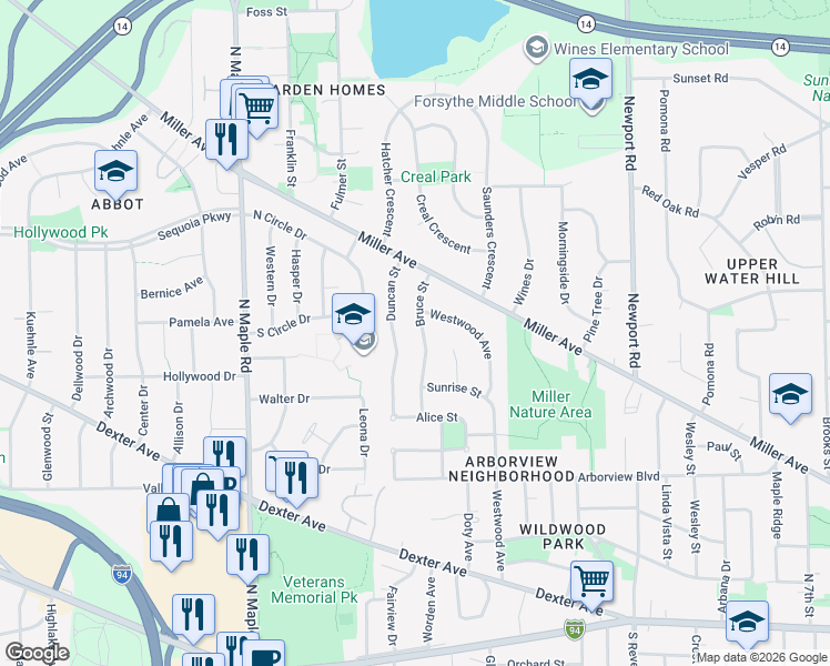 map of restaurants, bars, coffee shops, grocery stores, and more near 830 Bruce Street in Ann Arbor