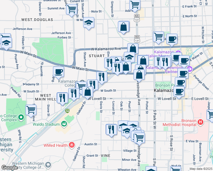 map of restaurants, bars, coffee shops, grocery stores, and more near 821 West South Street in Kalamazoo
