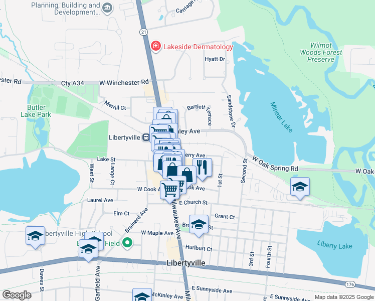 map of restaurants, bars, coffee shops, grocery stores, and more near 155 Newberry Avenue in Libertyville