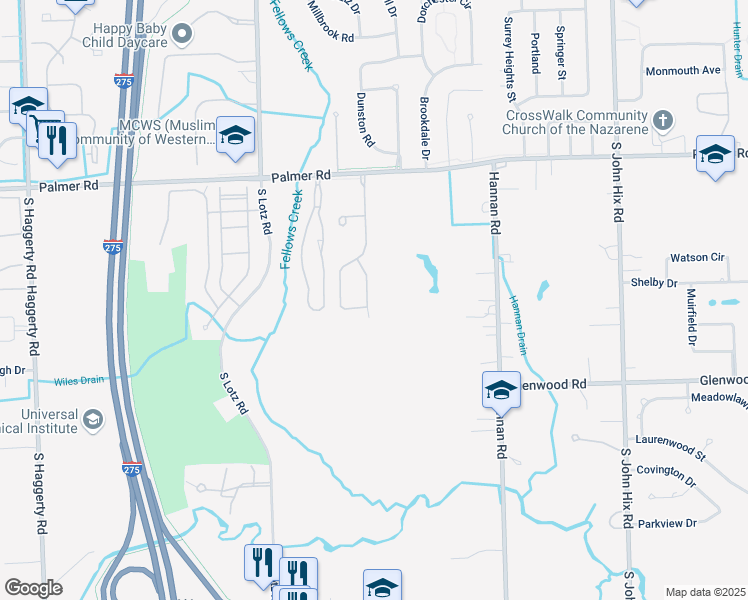 map of restaurants, bars, coffee shops, grocery stores, and more near 2166 Fairway Circle in Wayne County