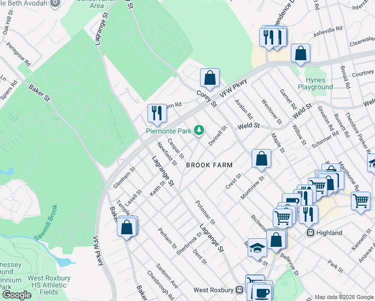 map of restaurants, bars, coffee shops, grocery stores, and more near 34 Addington Road in Boston