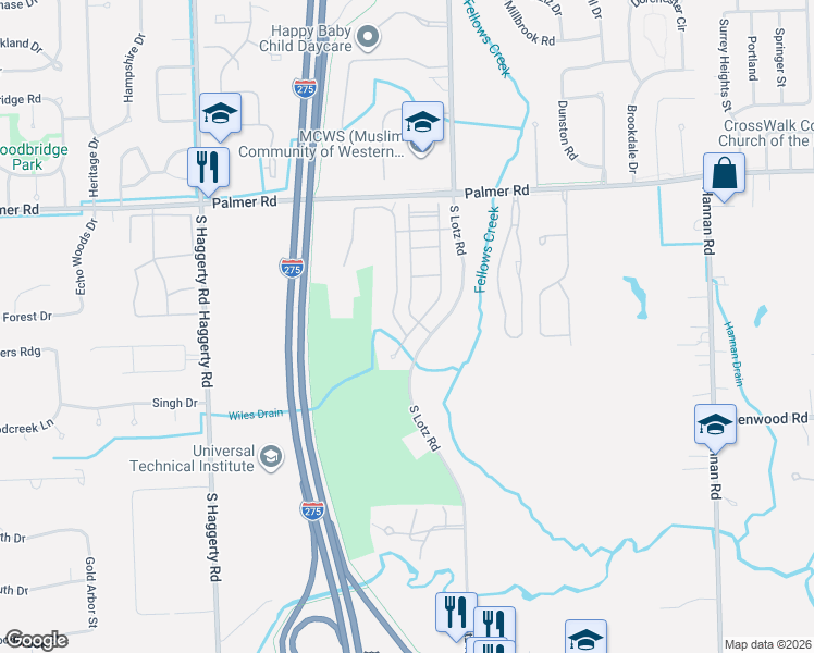 map of restaurants, bars, coffee shops, grocery stores, and more near 2551 Knollwood Drive in Canton
