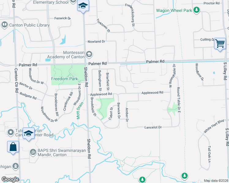 map of restaurants, bars, coffee shops, grocery stores, and more near 2221 Berwick Drive in Canton