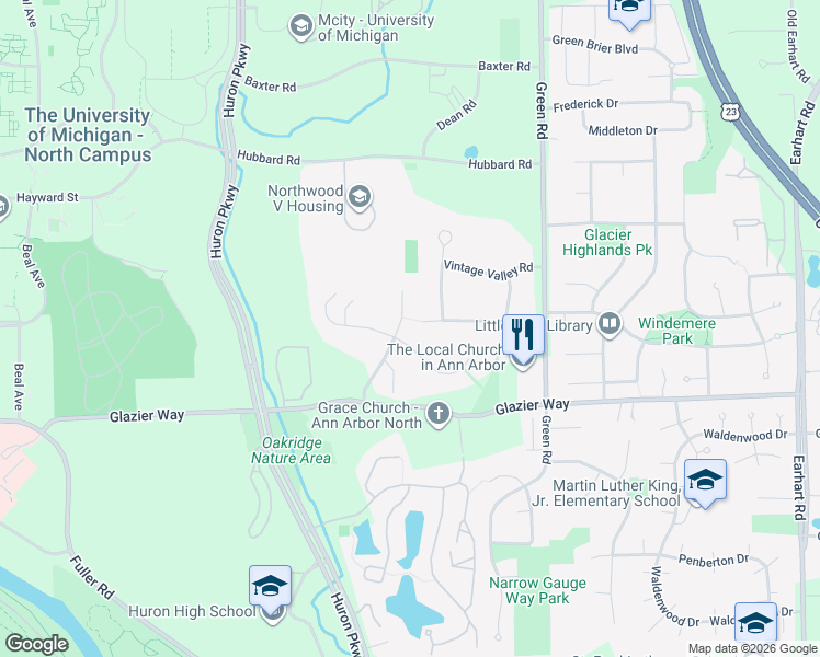 map of restaurants, bars, coffee shops, grocery stores, and more near 3309 East Dobson Place in Ann Arbor