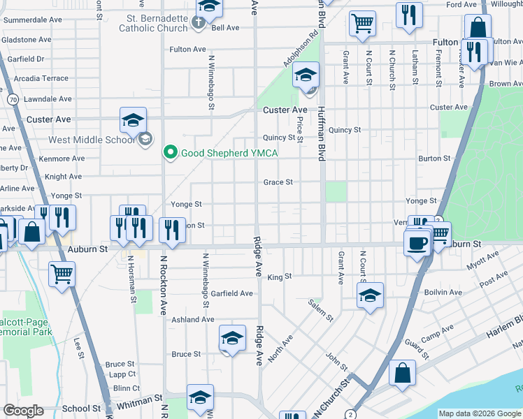 map of restaurants, bars, coffee shops, grocery stores, and more near 2105 Vernon Street in Rockford