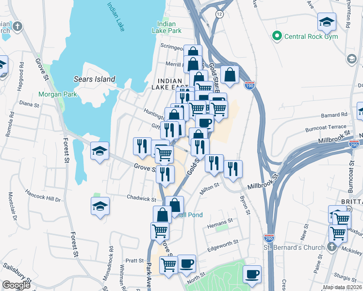 map of restaurants, bars, coffee shops, grocery stores, and more near 3 Millbrook Street in Worcester
