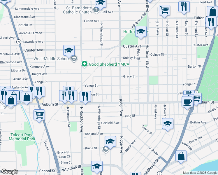 map of restaurants, bars, coffee shops, grocery stores, and more near 1528 Carney Avenue in Rockford