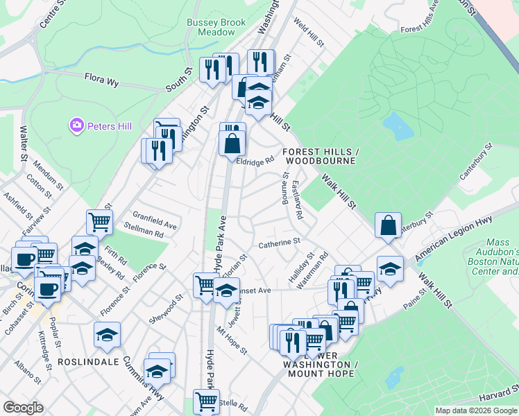 map of restaurants, bars, coffee shops, grocery stores, and more near 94 Florian Street in Boston