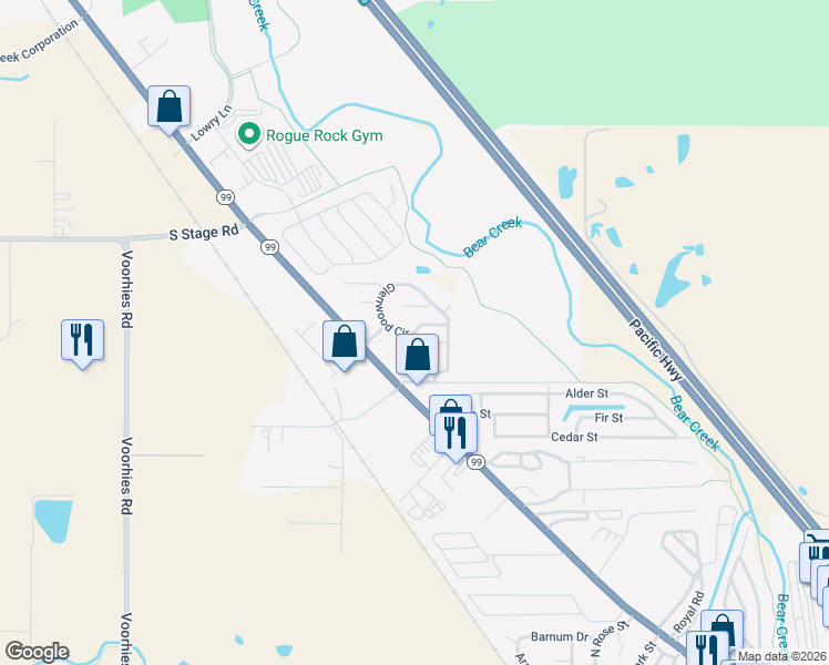 map of restaurants, bars, coffee shops, grocery stores, and more near Glenwood Circle in Medford