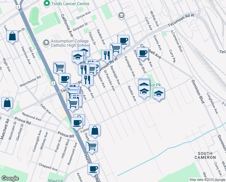 map of restaurants, bars, coffee shops, grocery stores, and more near 1605 Saint Patricks Avenue in Windsor