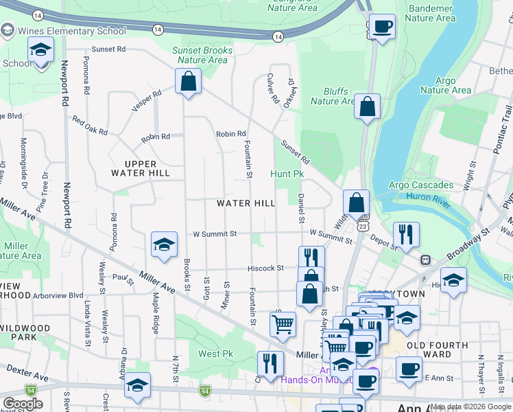 map of restaurants, bars, coffee shops, grocery stores, and more near 930 Fountain Street in Ann Arbor