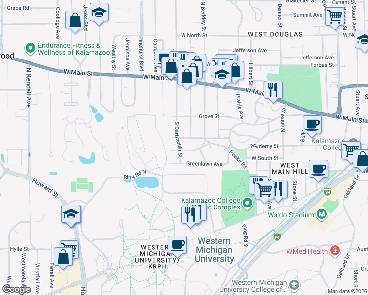 map of restaurants, bars, coffee shops, grocery stores, and more near 1912 Greenlawn Avenue in Kalamazoo