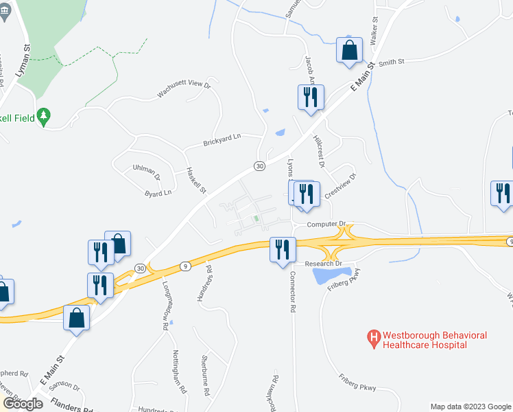 map of restaurants, bars, coffee shops, grocery stores, and more near Windsor Ridge Drive in Westborough