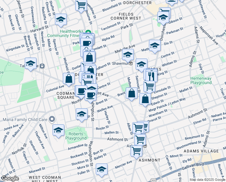 map of restaurants, bars, coffee shops, grocery stores, and more near 55 Lithgow Street in Boston
